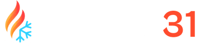 Logo stylisé rouge-orange de flamme et bleu de glace, symbolisant le chauffage et la climatisation, à côté du grand chiffre orange 31.