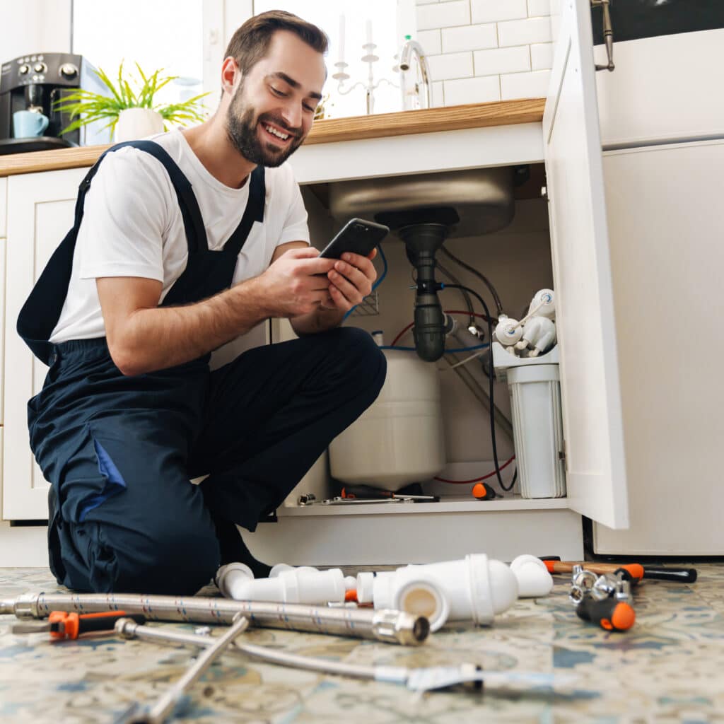 Plombier professionnel: Réparation d'évier de cuisine efficace Plombier souriant accroupi sous un évier de cuisine, consultant son smartphone. Des outils et tuyaux sont au sol, près du filtre à eau.