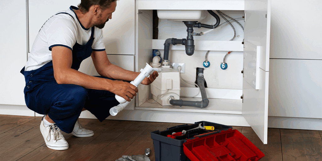 Plombier en salopette bleue répare un siphon sous un évier. Il tient un tuyau blanc, caisse à outils à côté.